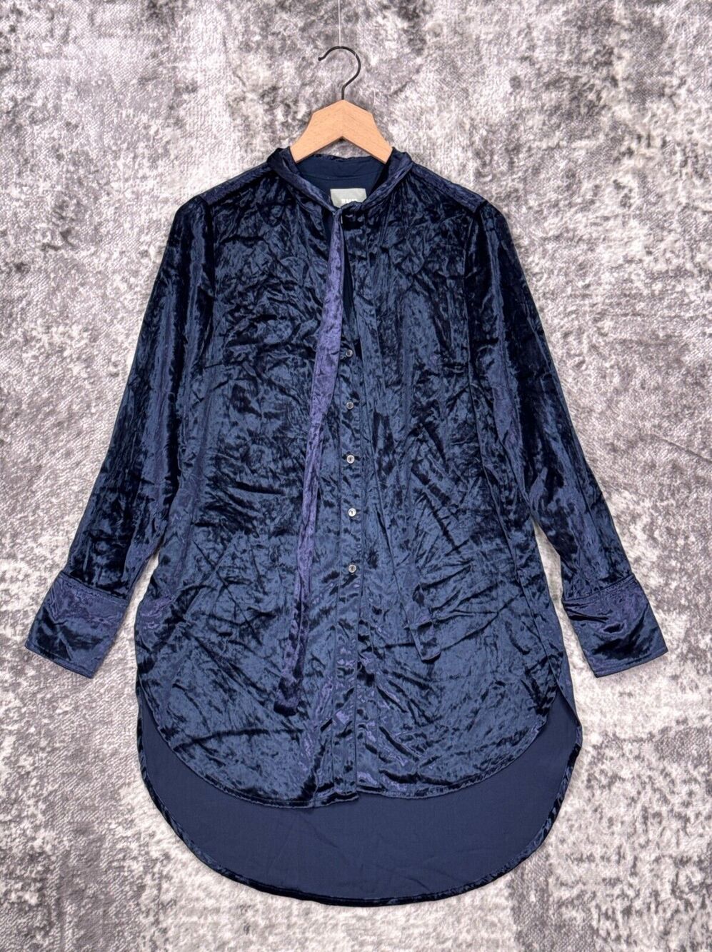 Anthropologie Tunic 2 Womens Maeve Blue Velour Pussybow Long Sleeve Button Top